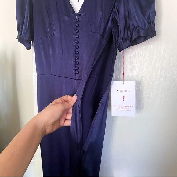 Rouje Jumpsuit Line Satin Buttoned Puff-Sleeve Navy Wedding Marine 34 NWT - Picture 8 of 10